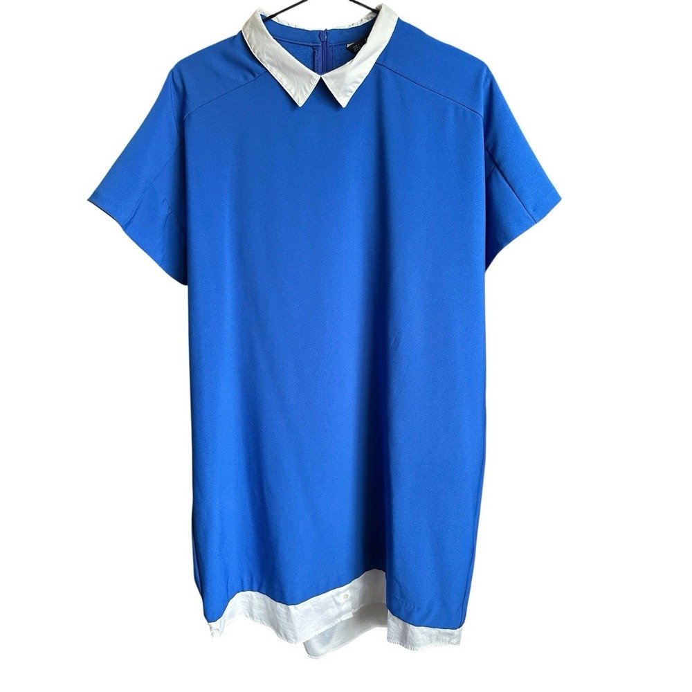 Zara Basic Women Blue Polyester Collared Short Sleeve Knee Length Dress Size L